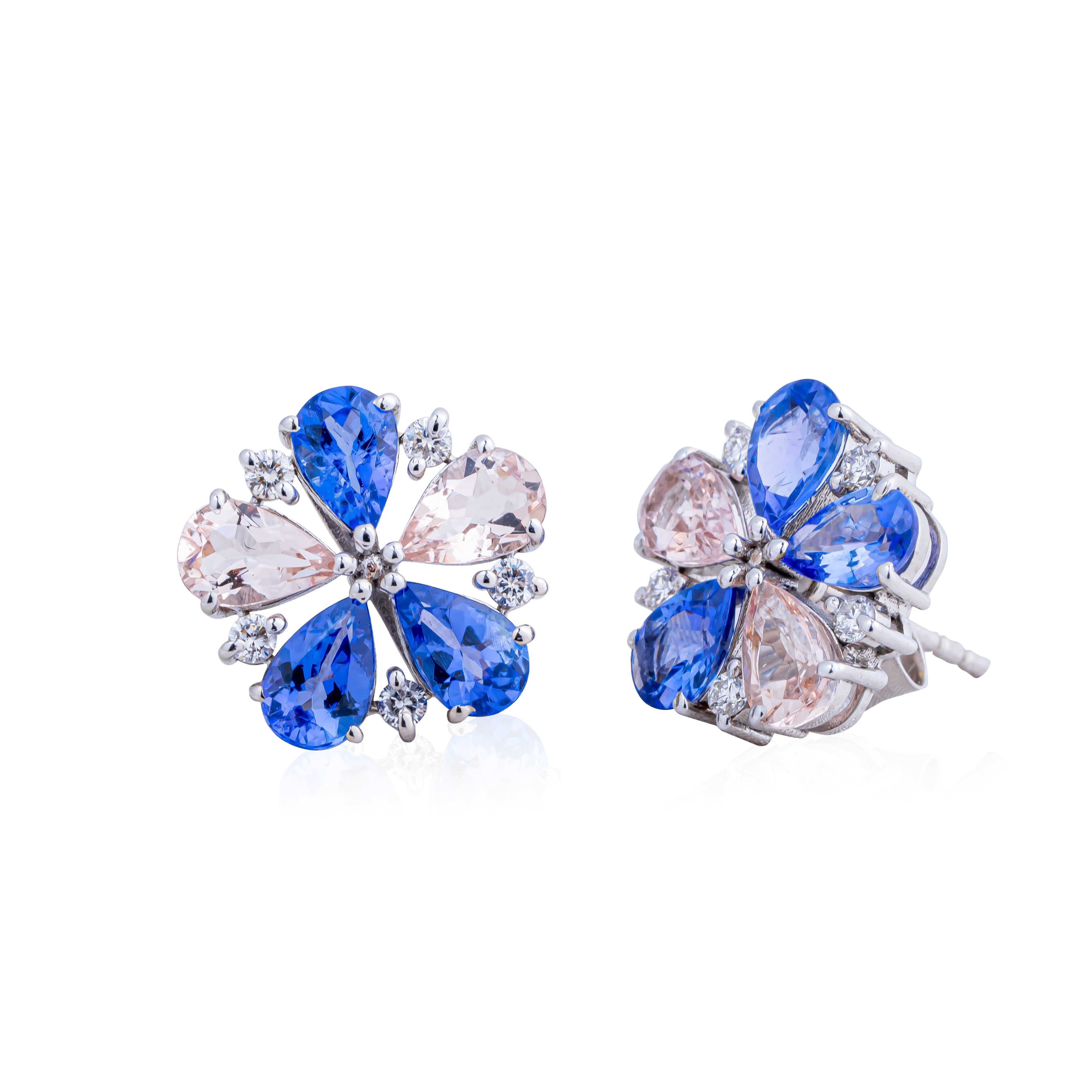 Tri-Stone Flower Earrings: Morganite Tanzanite and Diamond Earrings
