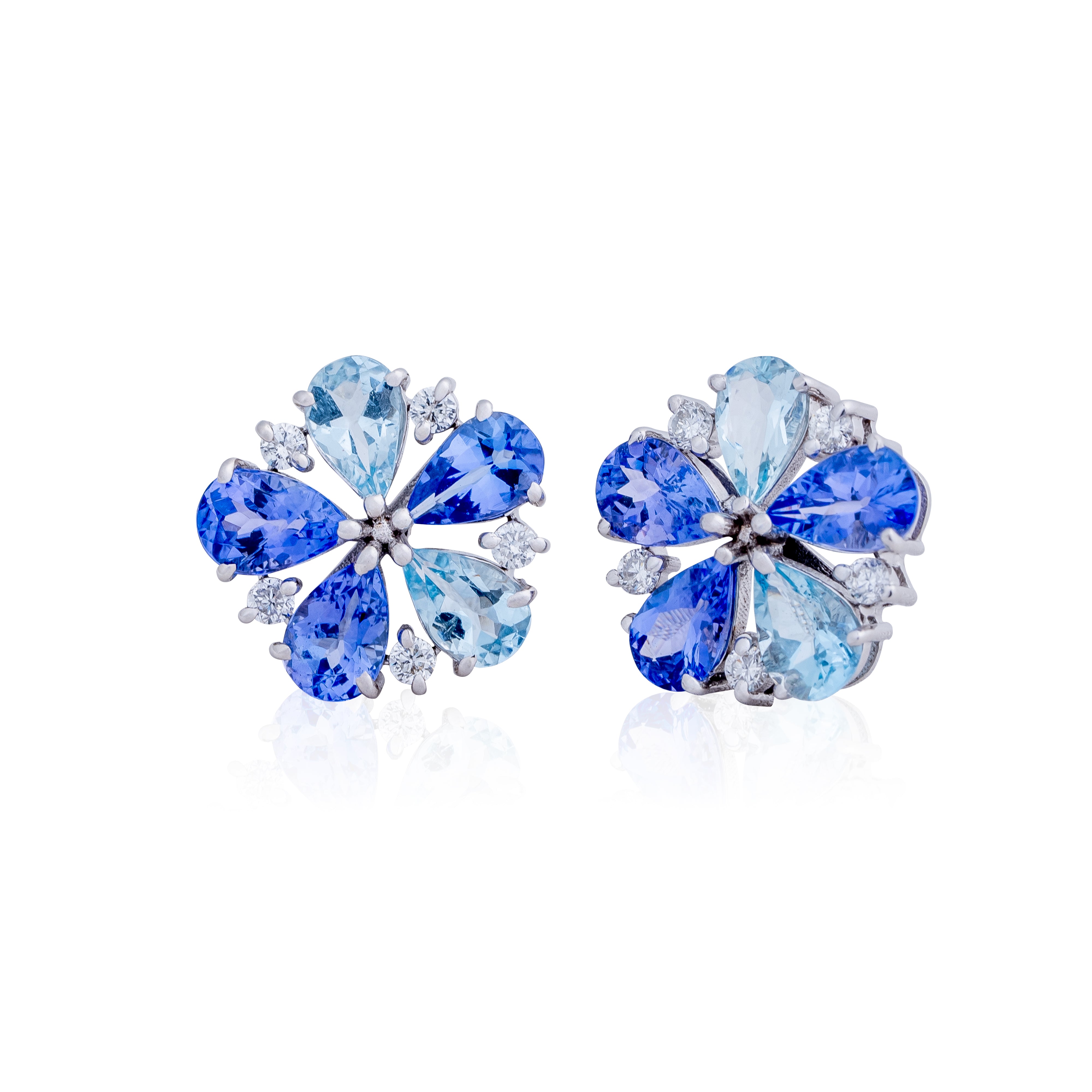 Tri-Stone Flower Earrings: Aquamarine Tanzanite and Diamond